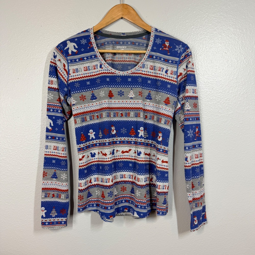 Brooks Running Shirt Womens Medium Blue Run‎ Merry Holiday Long Sleeve Graphic